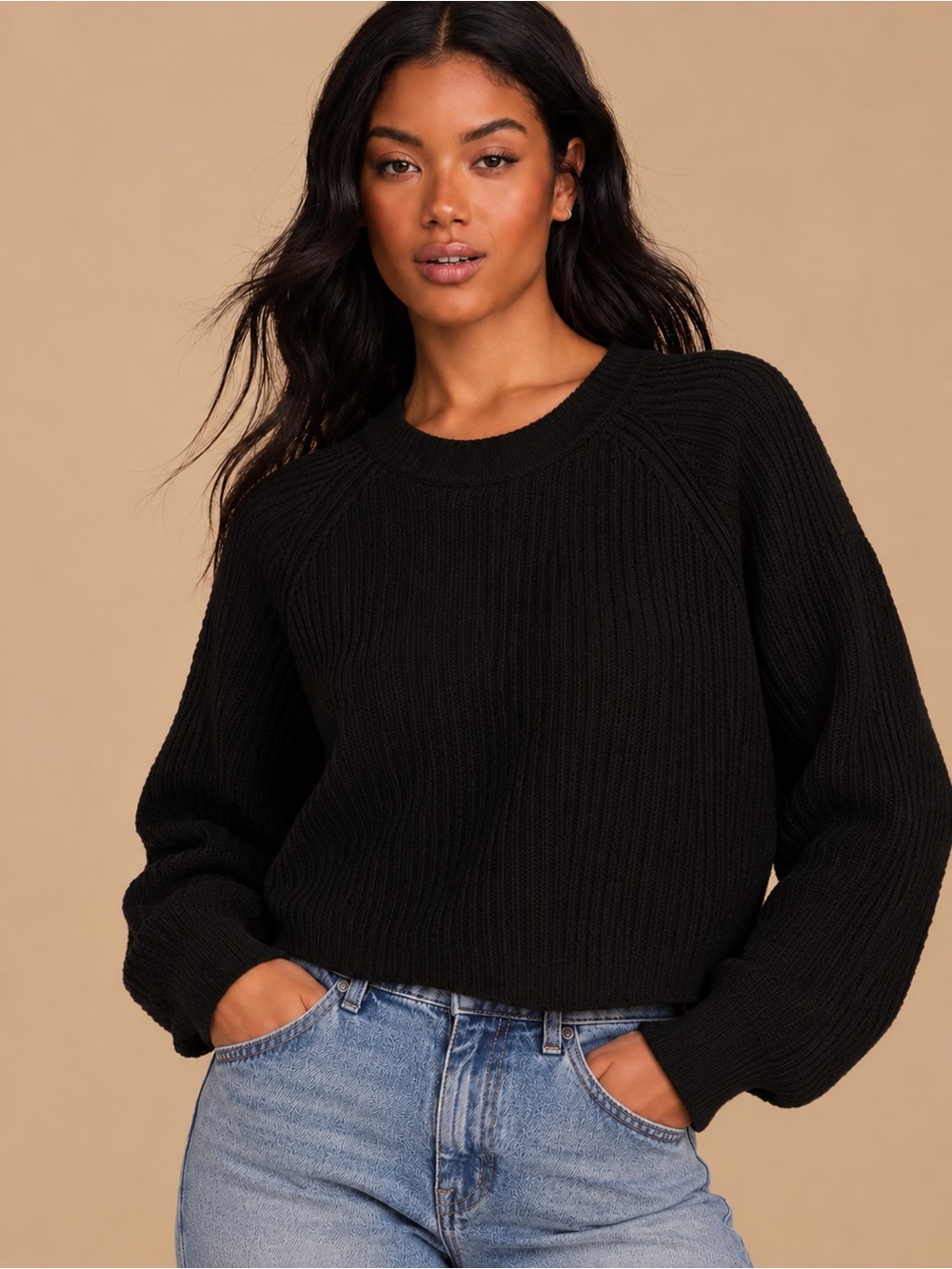NWOT Lulus Black Ribbed Cropped Thick Knit Crewneck Sweater S/M